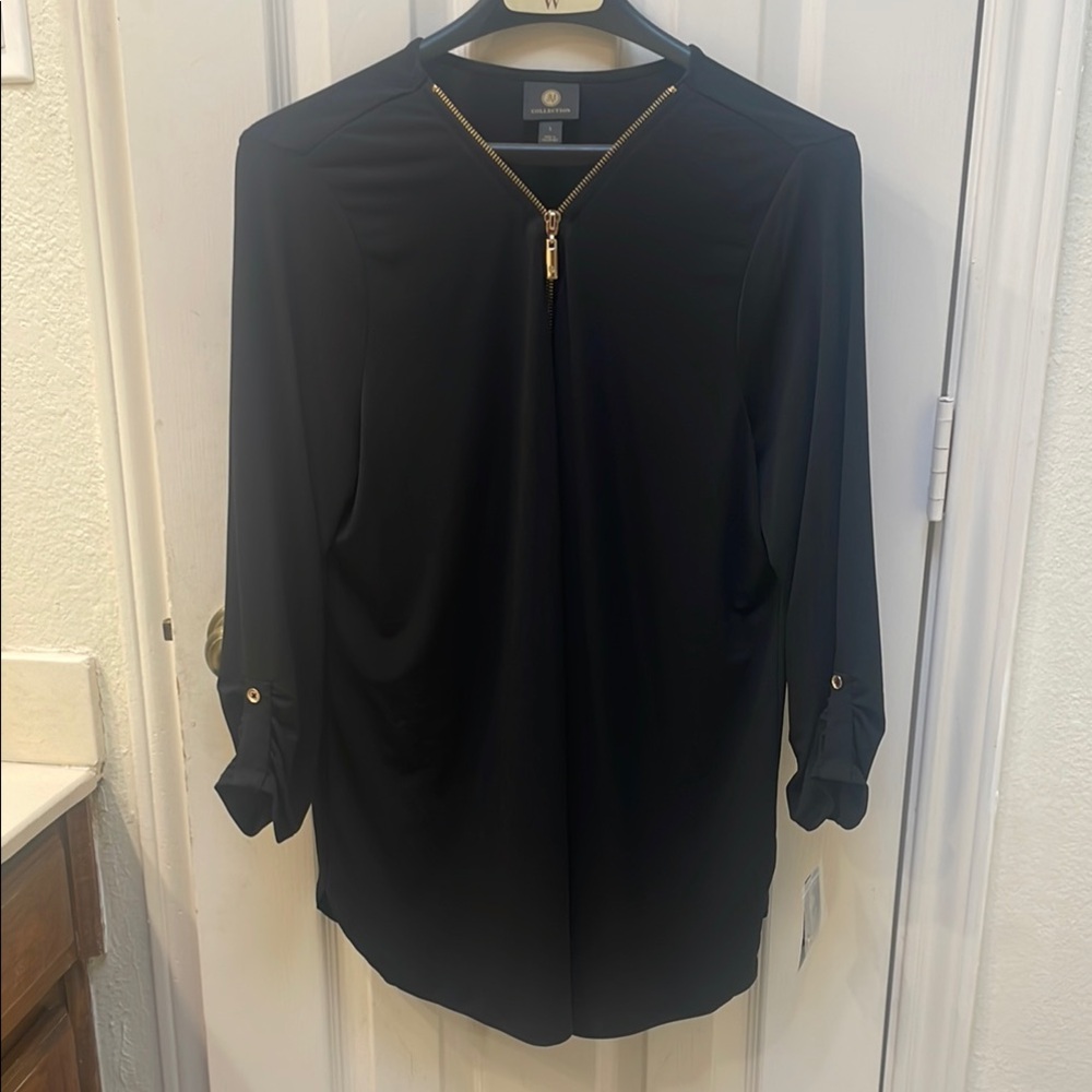 JM Collection Black 3/4 Sleeve Blouse with Zipper Detail